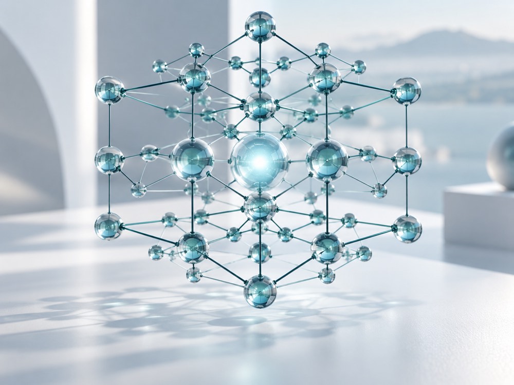 Illustrazione: rete tridimensionale di connessioni in vetro